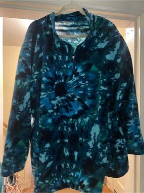 Woman Within Teal & Navy Tie-Dye Quarter-Zip Fleece Pullover